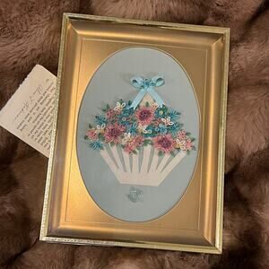 Vintage Quill Art Quilling Paper Swirl Basket of Flowers Gold Framed Handmade